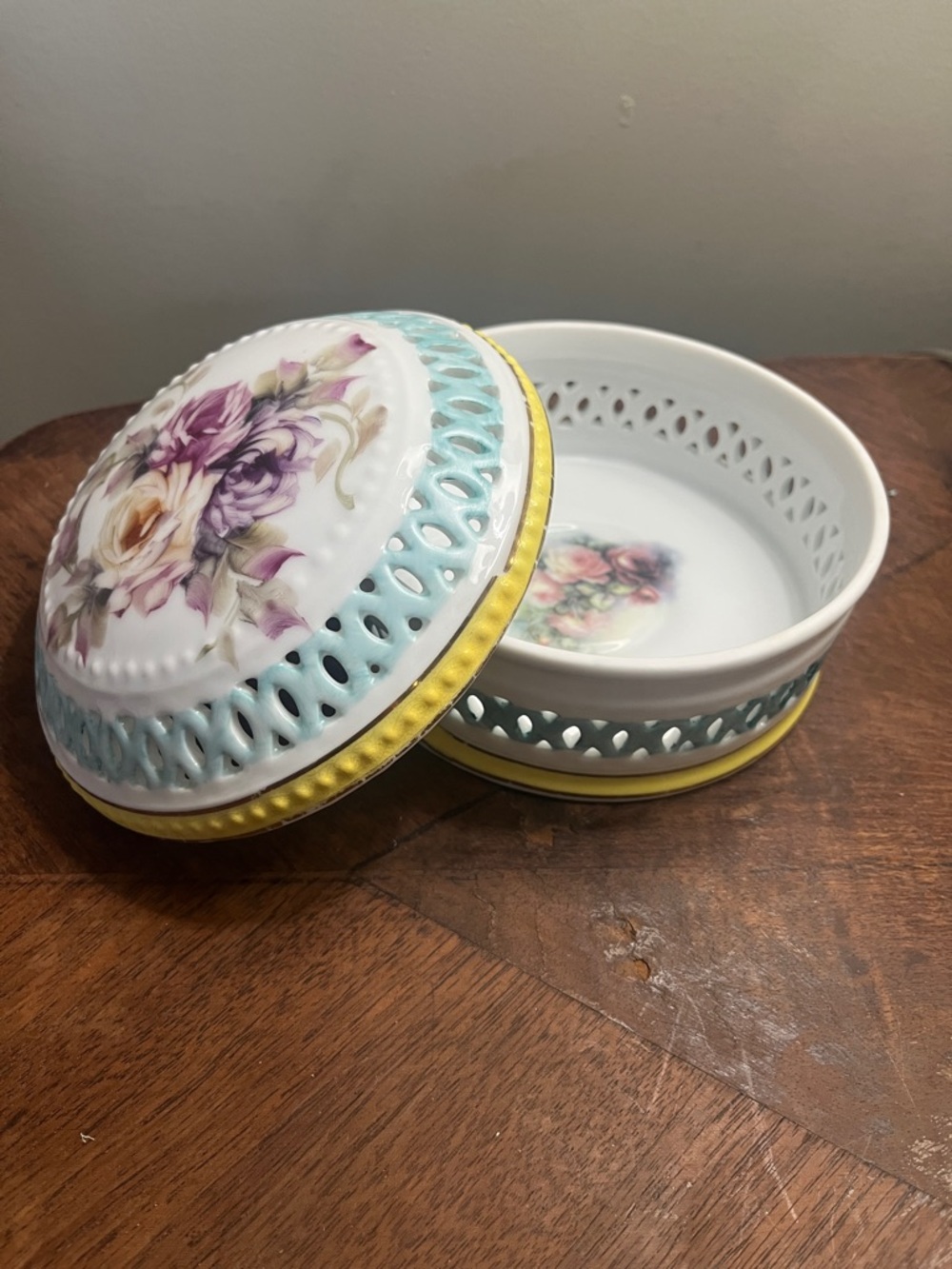 Porcelain Floral Trinket Box in Pastel Blue and Yellow